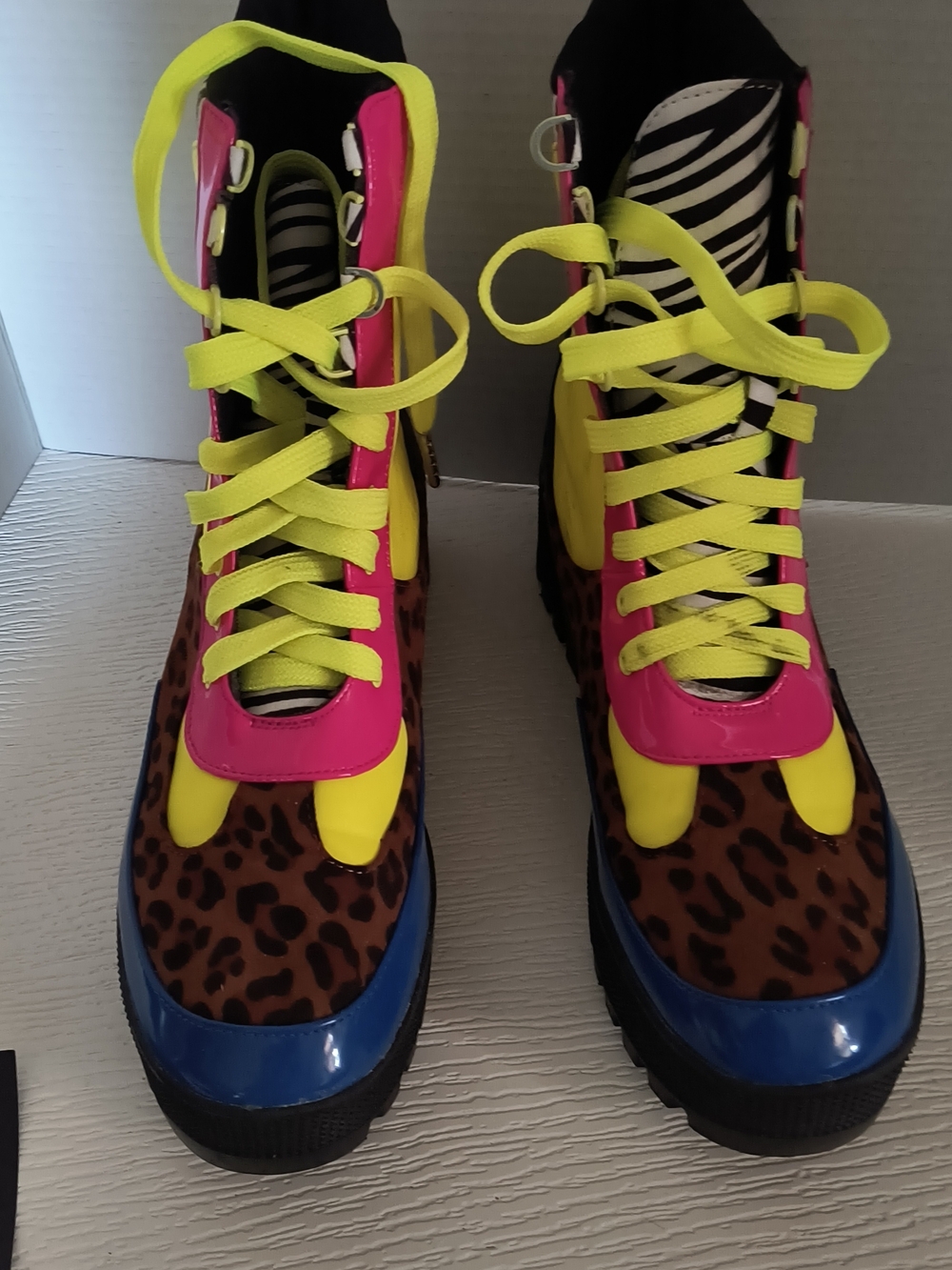 Cape Robbin Leopard Platform Boots with Neon Yellow, Hot Pink & Blue Accents